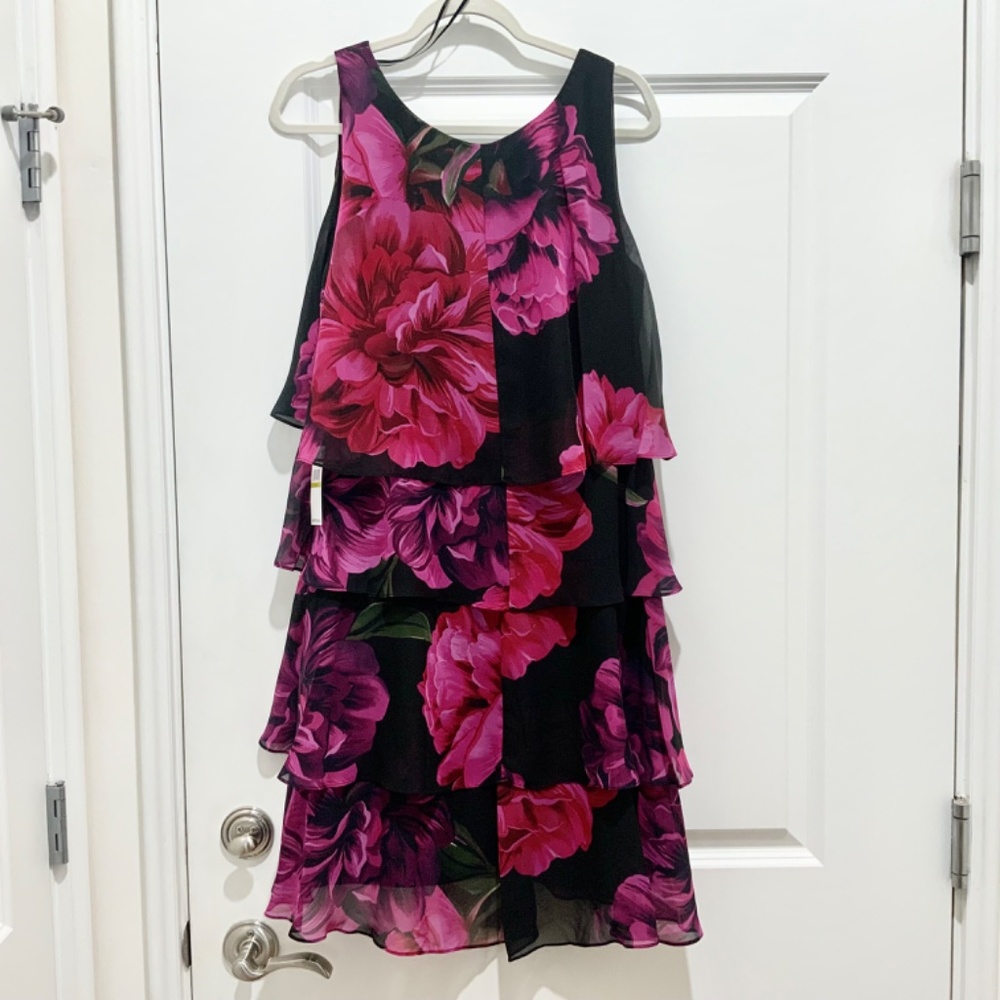 SLNY Womens Floral Flutter Party Sheath Chiffon Dress Black Red Pink Purple 14 - Picture 5 of 5